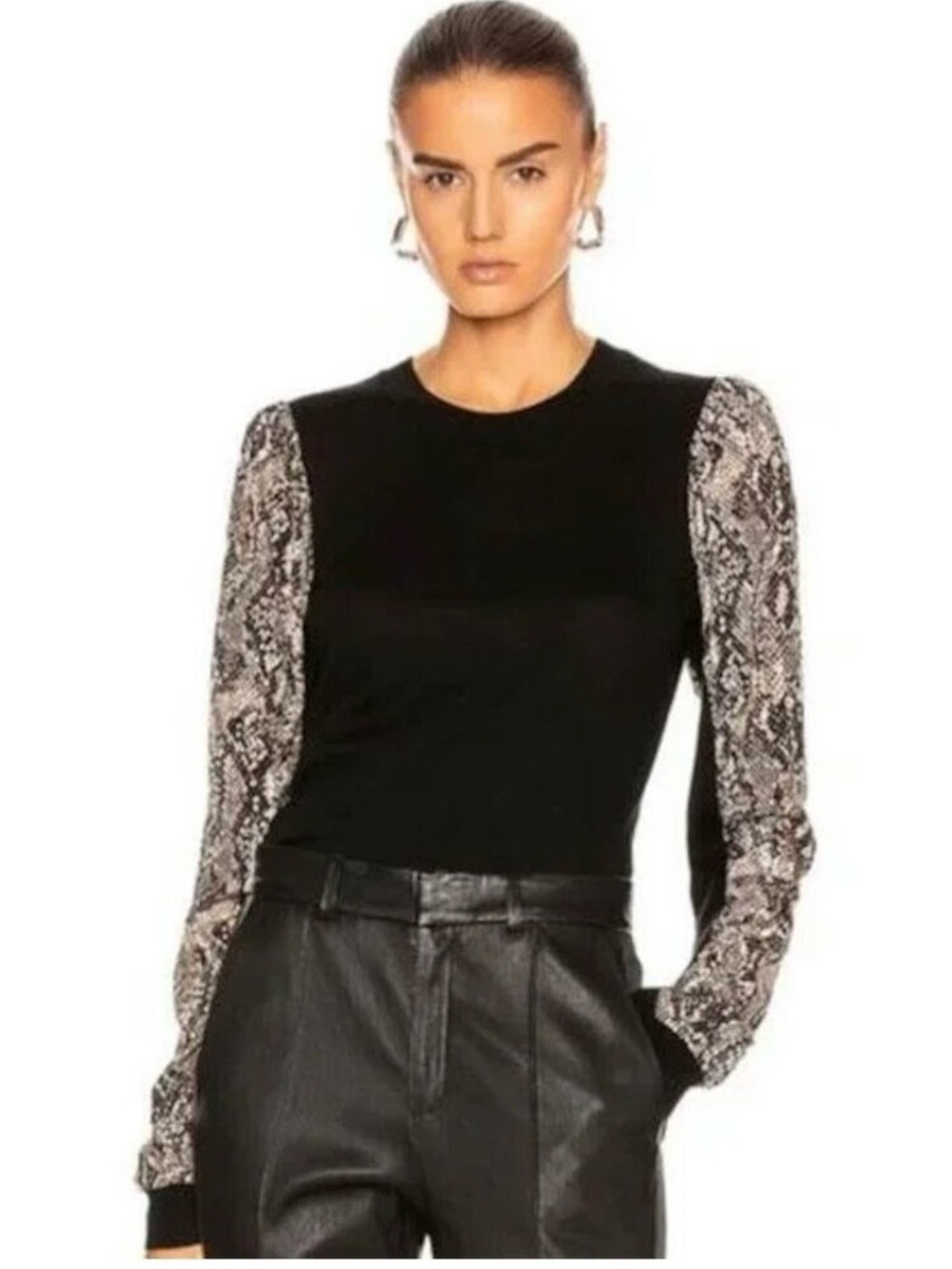 Veronica Beard Black Long-Sleeve Top 100% Merino Wool Floral Puff Sleeves